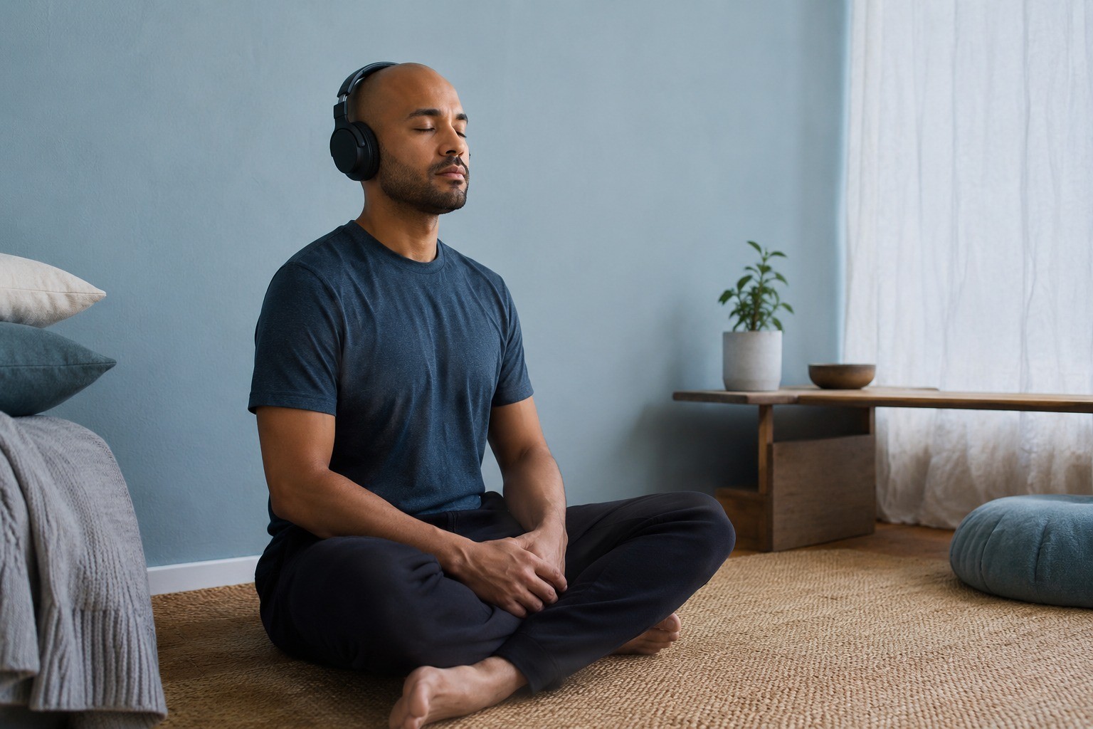 A man sitting peacefully with his eyes closed, listening to music through headphones