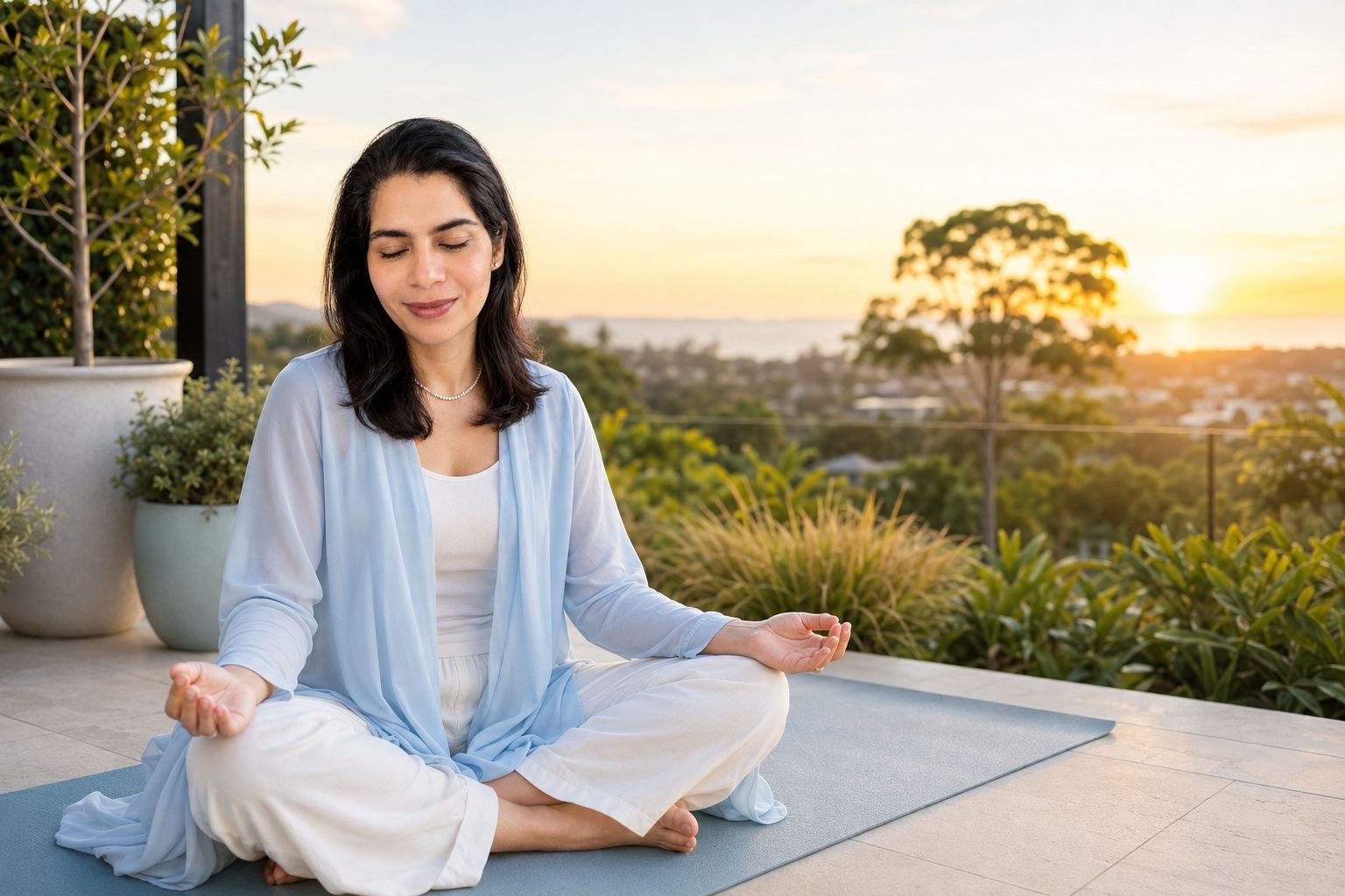 Sha meditating outdoors on a mat in warm sunset light