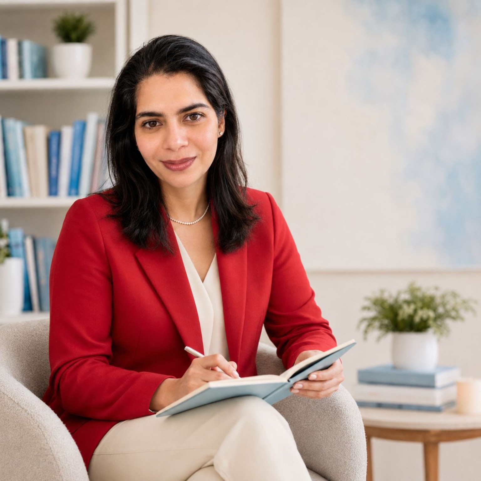 Sha in a red blazer holding an open notebook